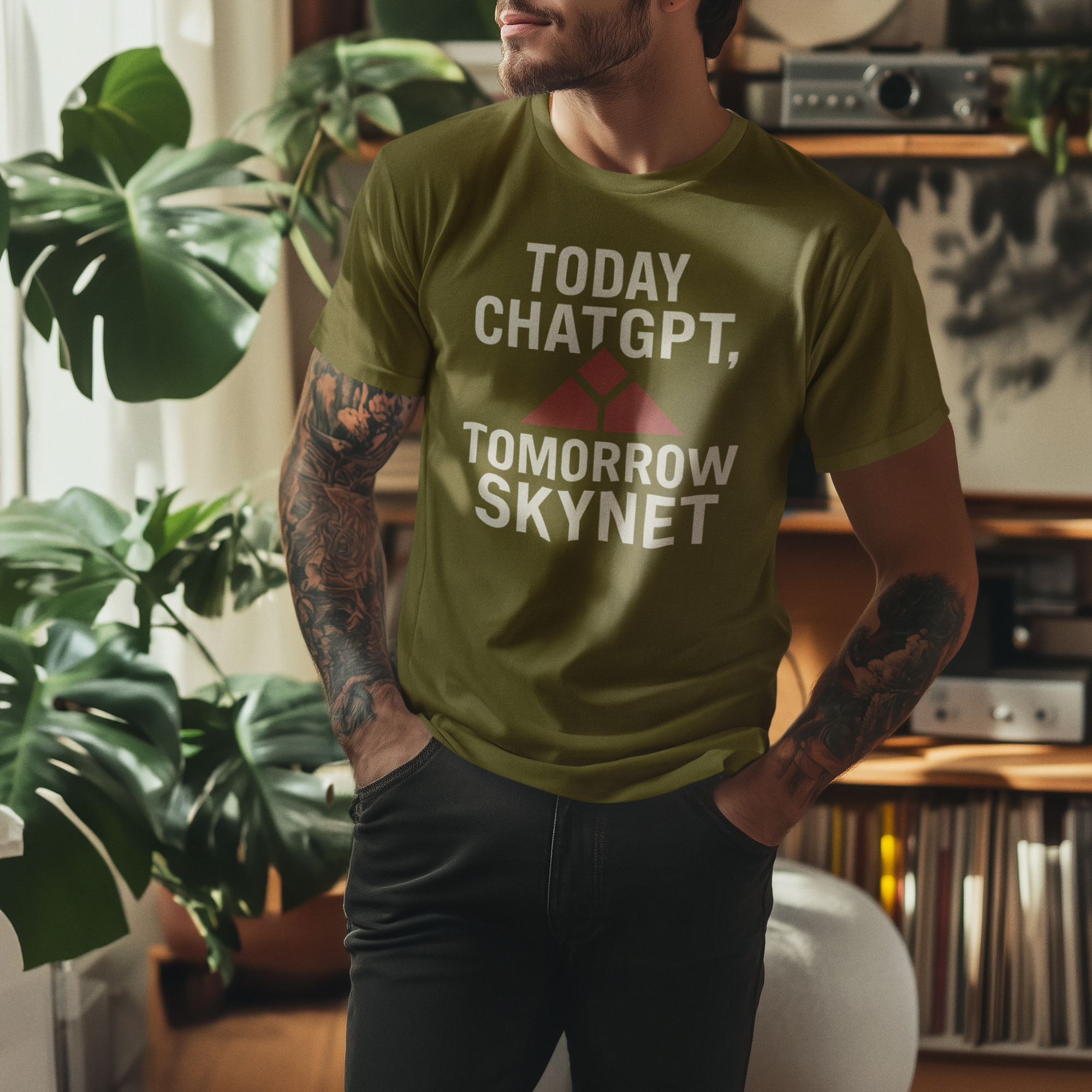 ChatGPT Skynet olive triblend t-shirt AI inspired streetwear graphic tee